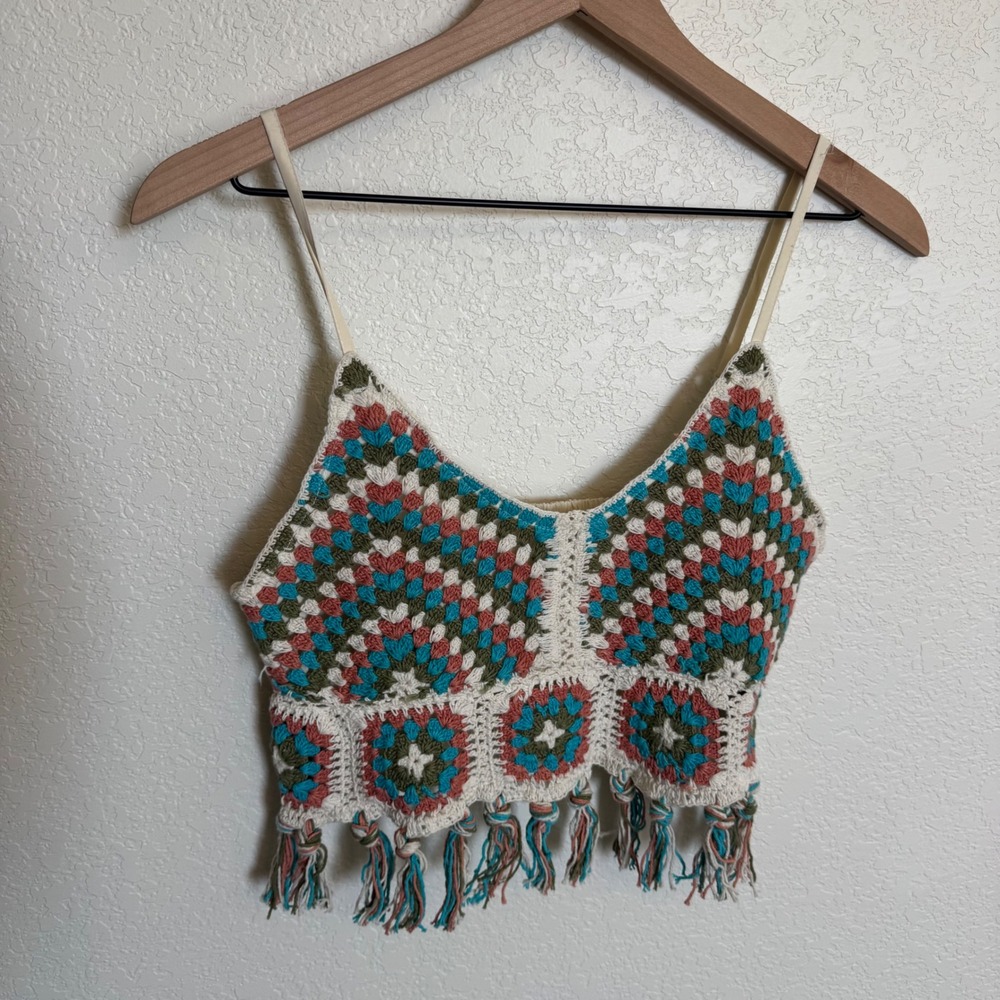 Boho Festival Granny Square B.O.G Collective Crochet Tank Top Medium Multi